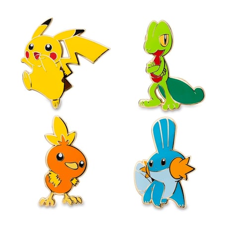 Pokemon Center exclusive Pikachu, Treeko, Torchic, and Mudkip pins