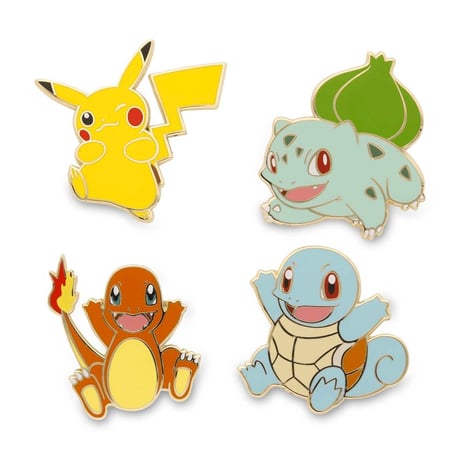 Pokemon Center exclusive Pikachu, Bulbasaur, Charmander, and Squirtle pins