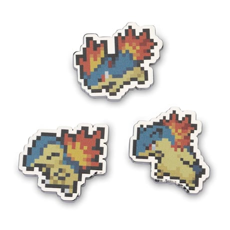 Pokémon Center exclusive Cyndaquil, Magmarashi, and Tyrannosaurus pixel pin