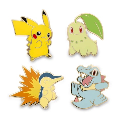 Pokemon Center exclusive Pikachu, Chikorita, Cyndaquil, and Totodile pins