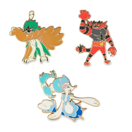 Pokémon Center exclusive Decidueye, Incineroar, and Primarina pin