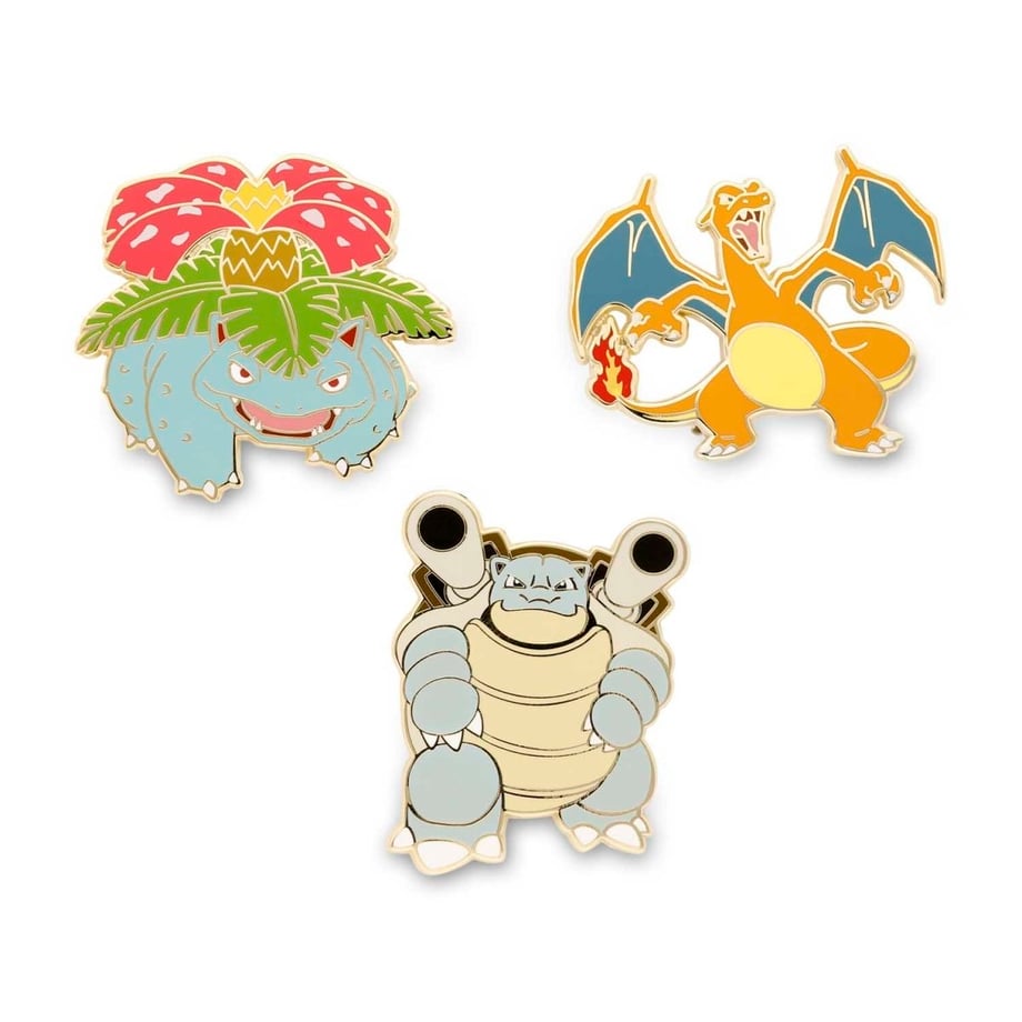 Pokémon Center exclusive Venusaur, Charizard, and Blastoise pins