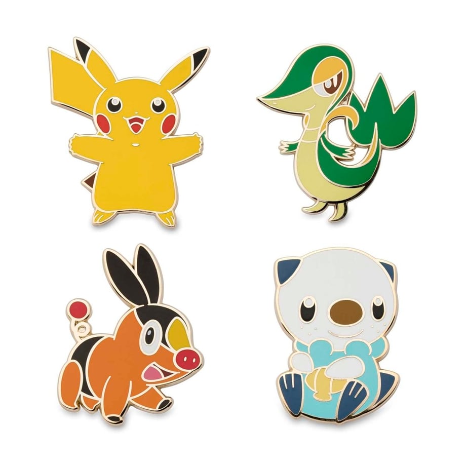 Pokemon Center exclusive Snivy, Pokabu, Oshawott, and Pikachu pins